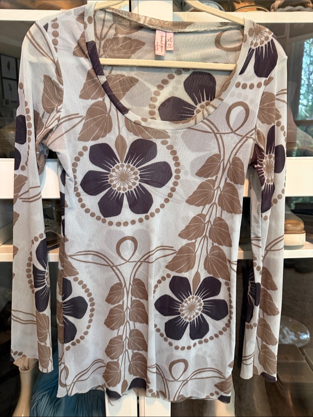 Sweet Pea Long Sleeve Floral Scoop Neck Top in Light Blue, Brown and Purple